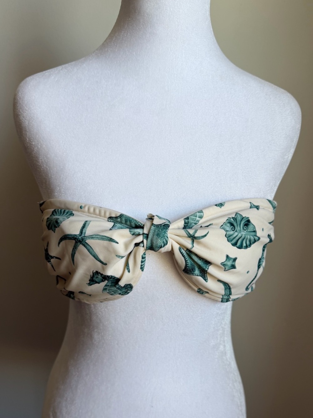 Agua Bendita Cream Bandeau Bikini Top with Green Seashell Print